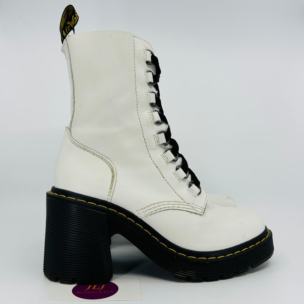 Dr. Martens Womens Chesney White Sendal Leather Flared Heel Lace Up Boots Size 8